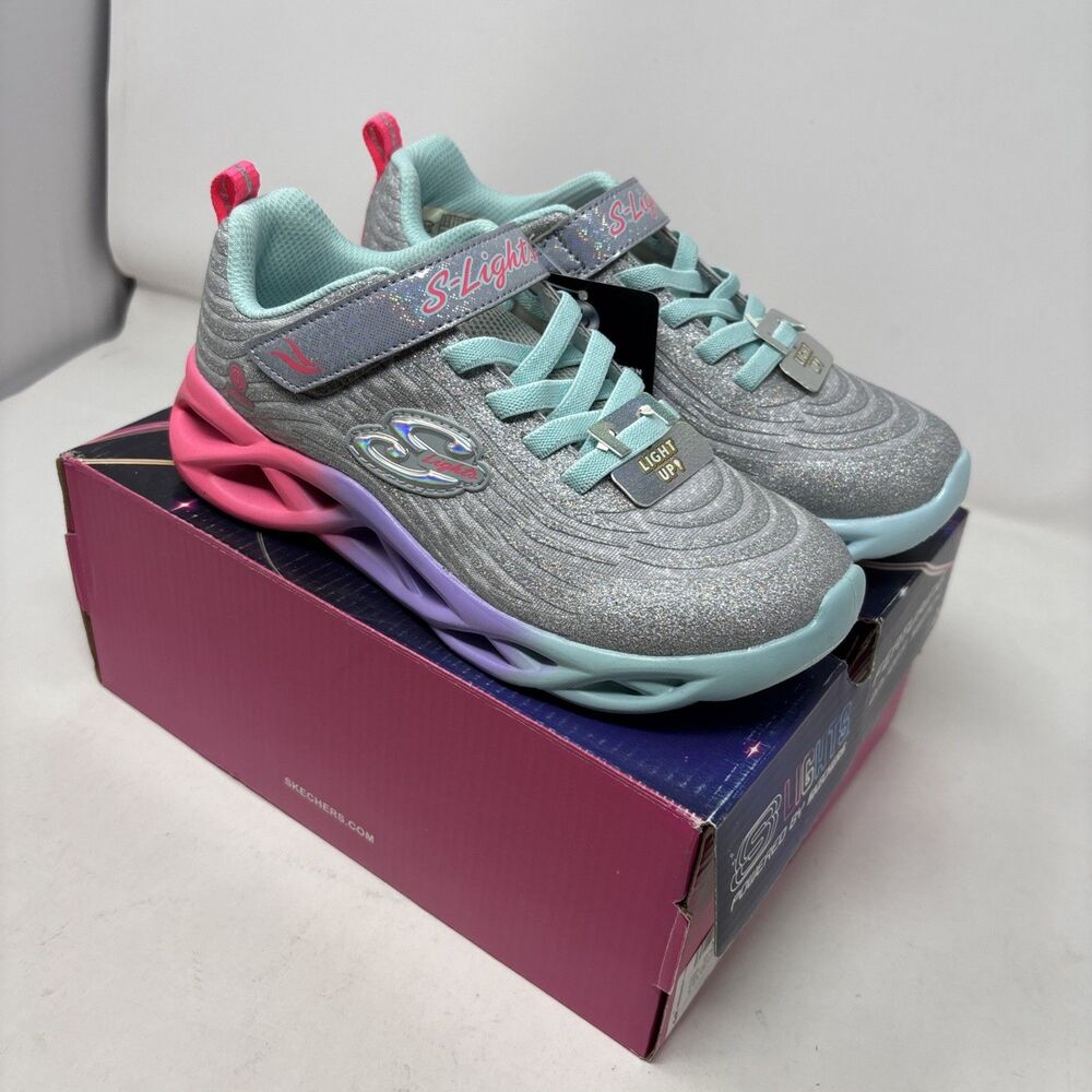 ⁠Skechers S-Lights Twisty Brights Color Radiant Silver Multi Girls Size 2.5⁠